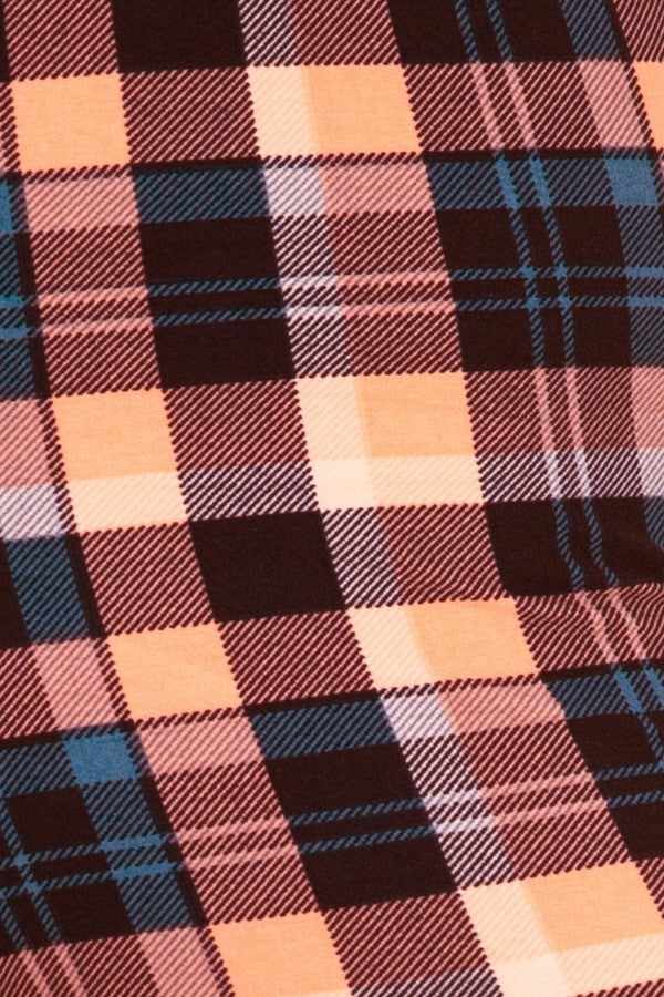 Plaid fabric pattern with black, orange, and blue checks, suitable for fashion and apparel design.