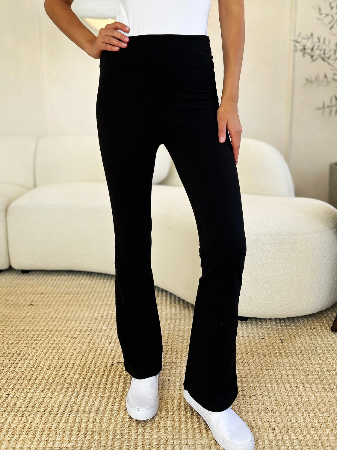 High waist bootcut active pants with wide waistband for comfort, crafted from soft cotton-spandex fabric, perfect for versatile wear.