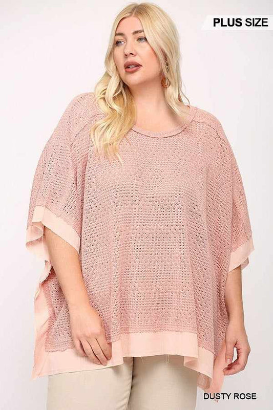 Plus size woman wearing dusty rose light knit and woven mixed boxy top with poncho sleeve, 100% polyester.