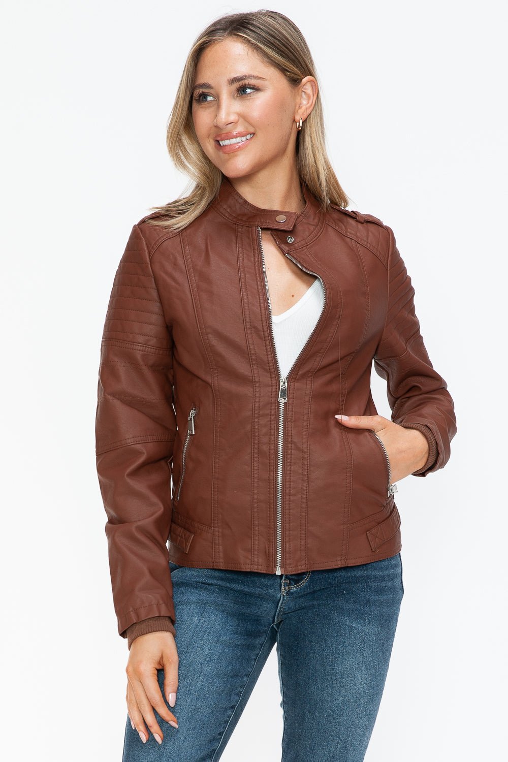 Woman wearing a Brandy PU leather biker jacket with side zip pockets, featuring a basic style and normal thickness.