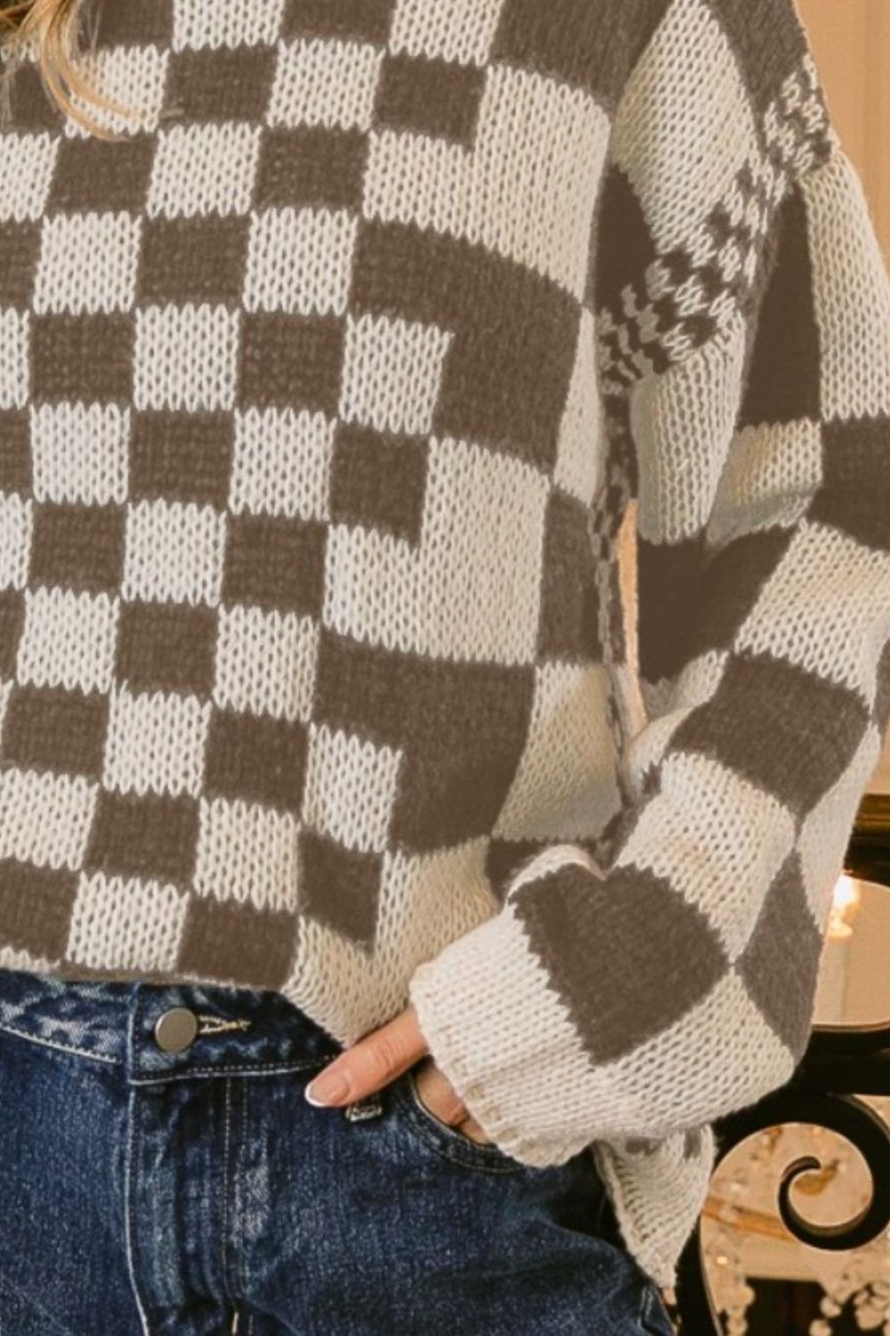 Brown checkered chunky sweater with vintage-inspired design and relaxed fit, featuring a mocha contrast pattern.