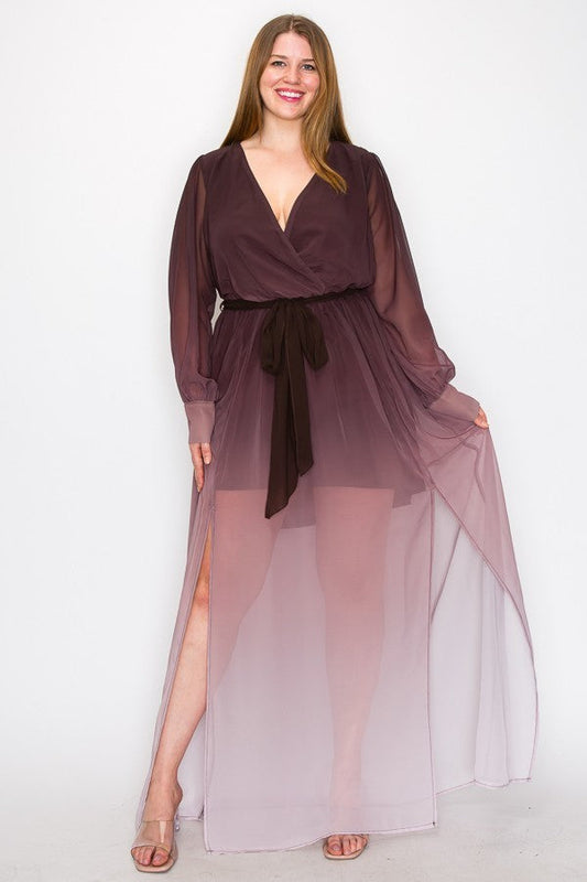 Brown ombre chiffon maxi dress with long sleeves, tie waist, and front slit, shown in size 1XL-3XL.