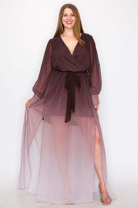 Brown Ombre Long Sleeve Tie Waist Slit Front Maxi Dress on Model