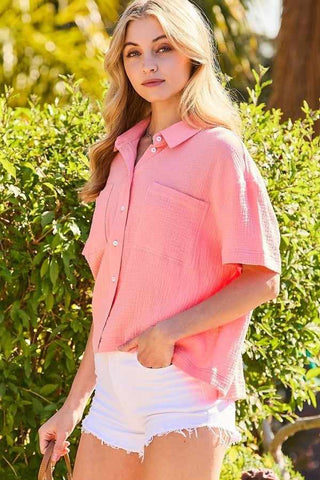 Button Down Front Pockets Top-Coral