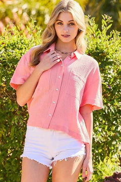 Button Down Front Pockets Top-Coral