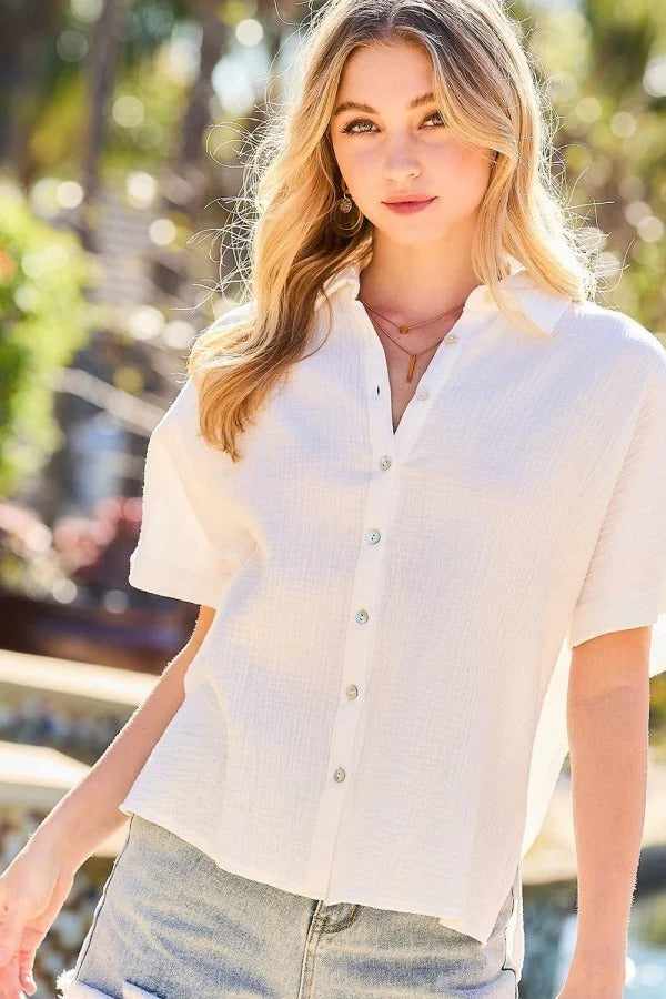 Button Down Sides Slit Oversized Solid Shirt Top-White