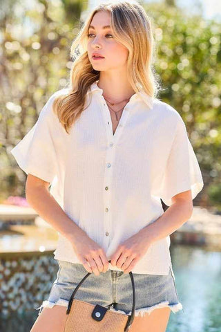 Button Down Sides Slit Oversized Solid Shirt Top-White