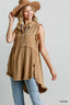 Button Front Tunic With Frayed Round Hems-Toffee