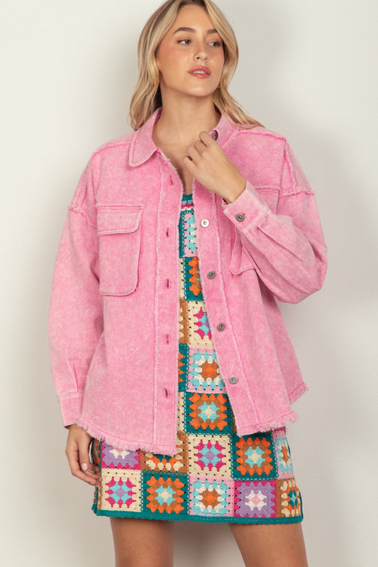 Pink button-up raw hem long sleeve jacket over colorful crochet dress, showcasing unique casual style.