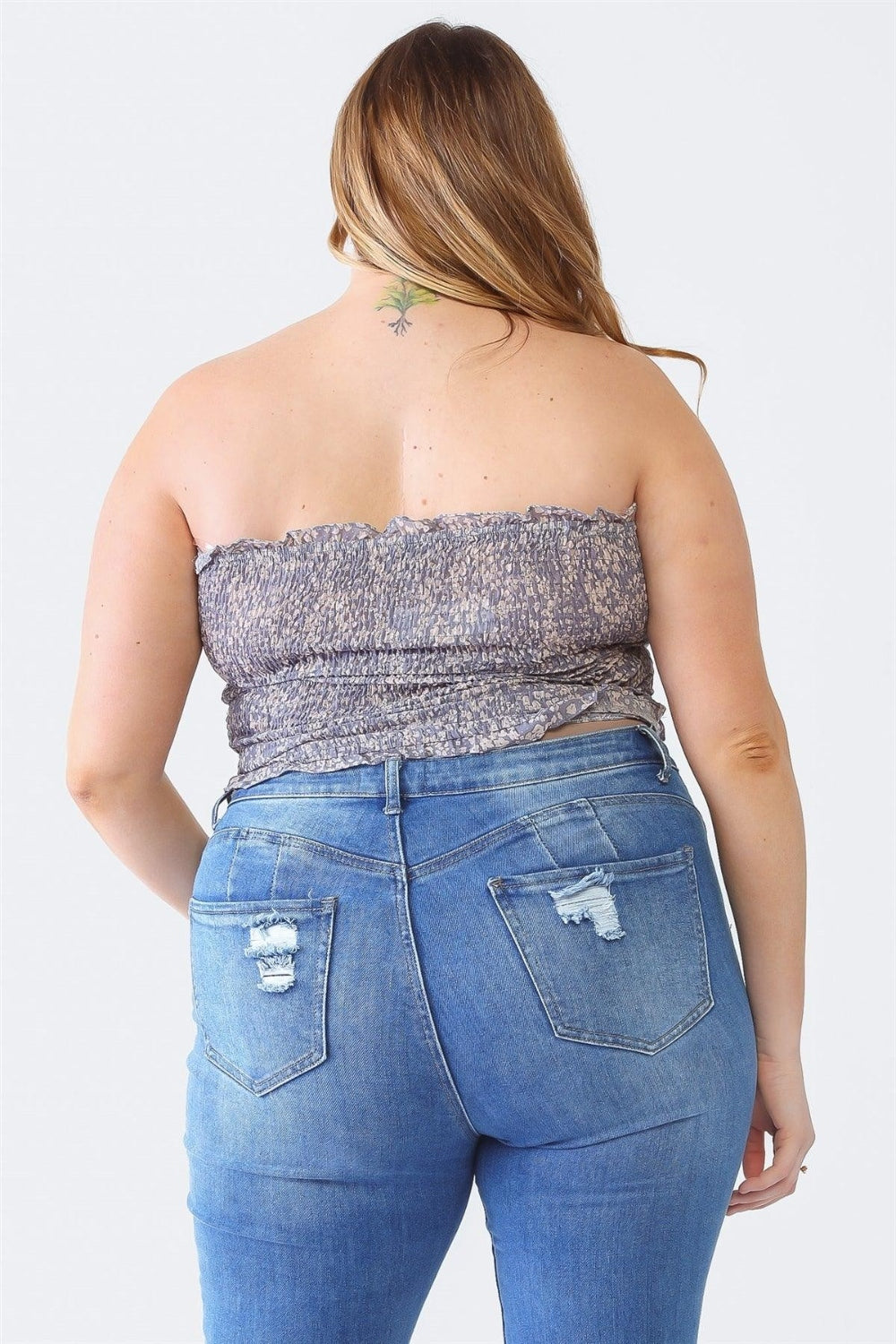 Denim Blue Plus Size Drawstring Smocked Floral Tube Top