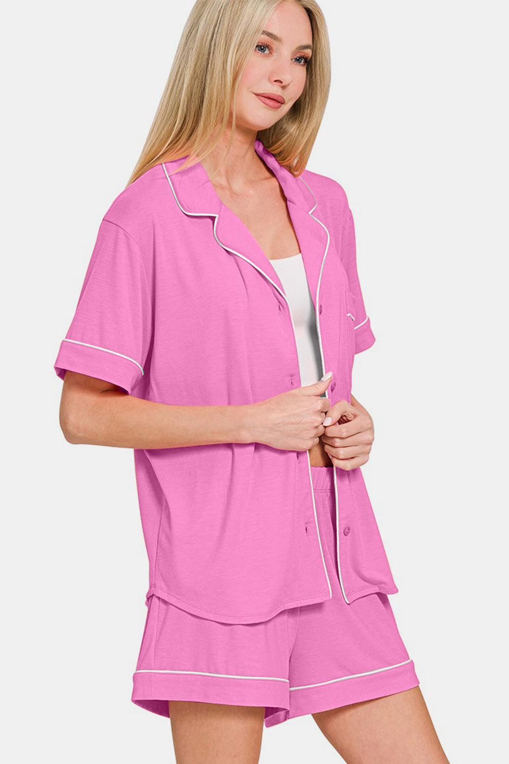 Bright mauve button-down short sleeve top and shorts lounge set, basic style with pockets, slightly stretchy material.