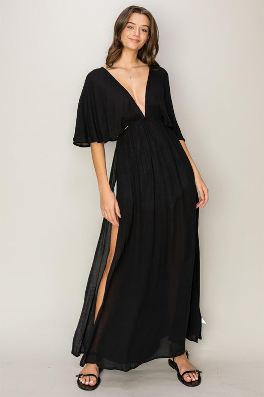 Black Tie Back Maxi Split Cover Up Dress with Ruffles and Slit, Backless Design, 100% Rayon, No Stretch, Elegant Evening Wear