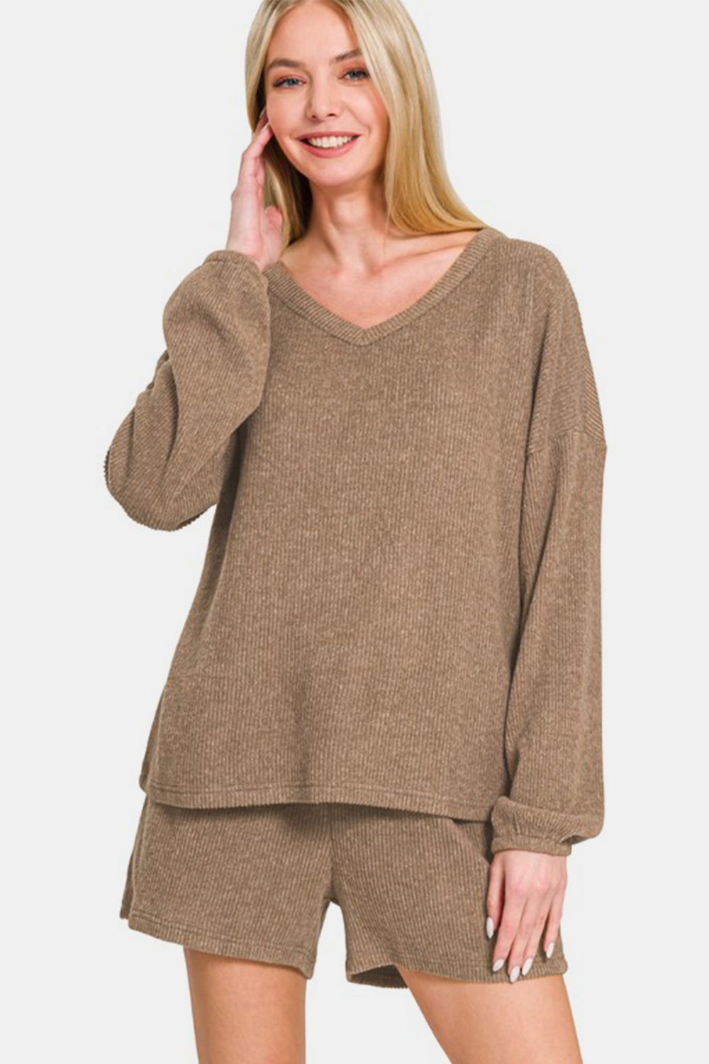 Camel V-Neck Long Sleeve Ribbed Top and Shorts Set