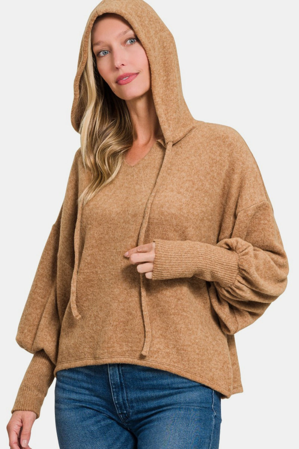 Camel Brushed Hacci Cropped Hoodie for Women | Soft & Cozy 