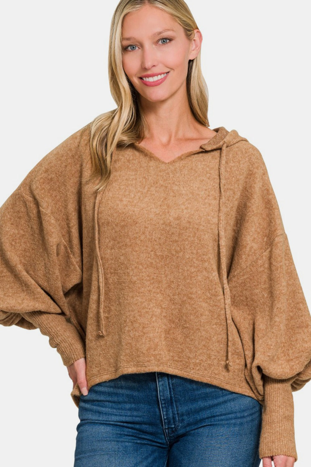 Camel Brushed Hacci Cropped Hoodie for Women | Soft & Cozy 