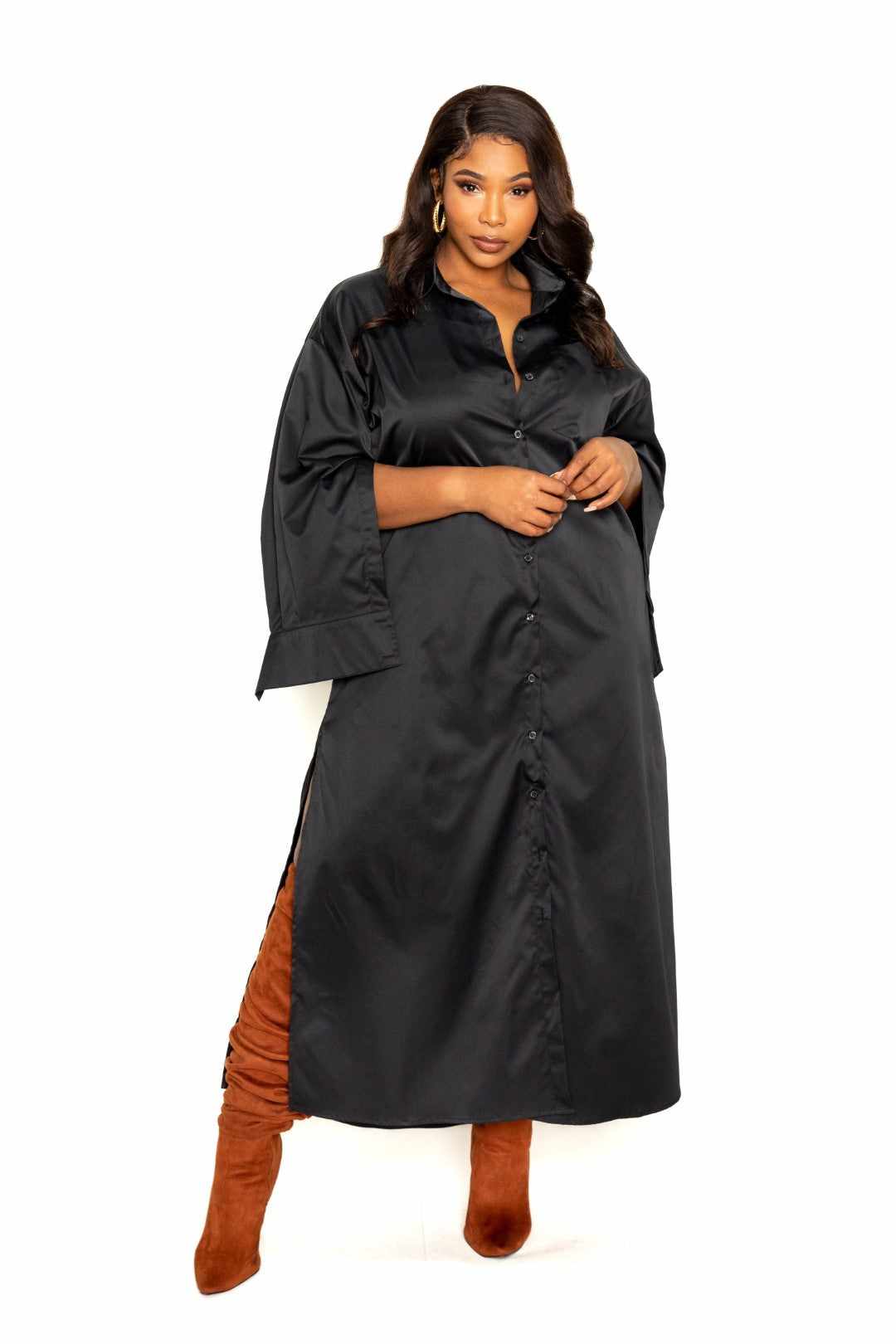 Cape Sleeve Shirt Dress-Black