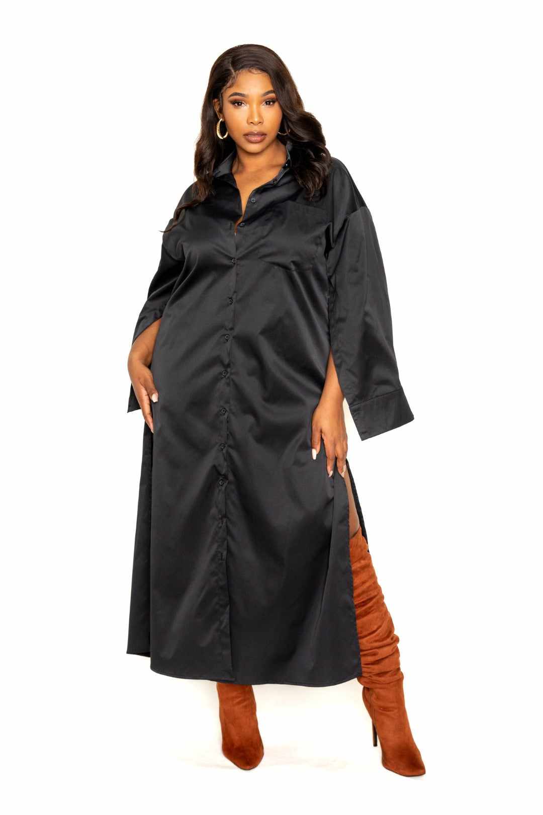 Cape Sleeve Shirt Dress-Black