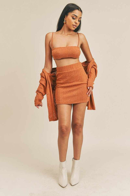 Cardigan Solid Color 3 Piece Set-Rust