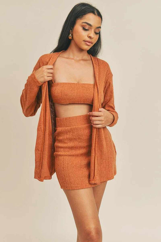 Cardigan Solid Color 3 Piece Set-Rust