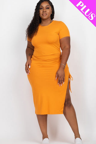 Plus size drawstring midi dress in orange with ruched side slit, crafted from jersey fabric. Perfect for a casual, flattering fit.