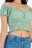 Casual Ruched Puff Sleeve Ribbed Knit Solid Top