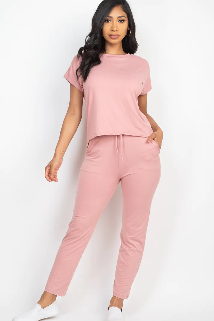 Casual Short Sleeve Loose Fit Top & Pants Set-Jade