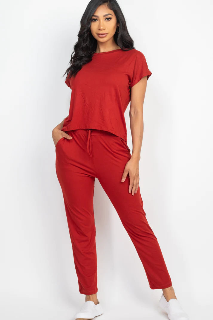 Casual Short Sleeve Loose Fit Top & Pants Set-Jade