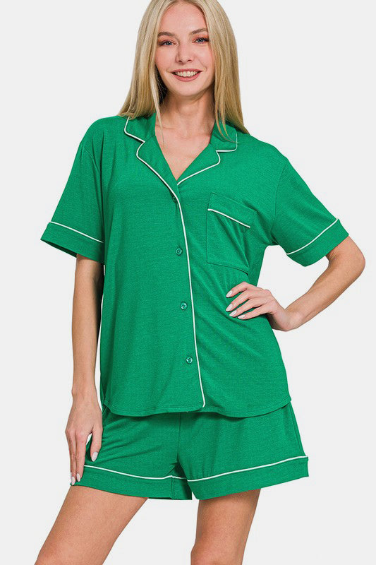 Kelly green button down short sleeve top and shorts lounge set with pocketed design, slightly stretchy polyester-rayon-spandex blend.