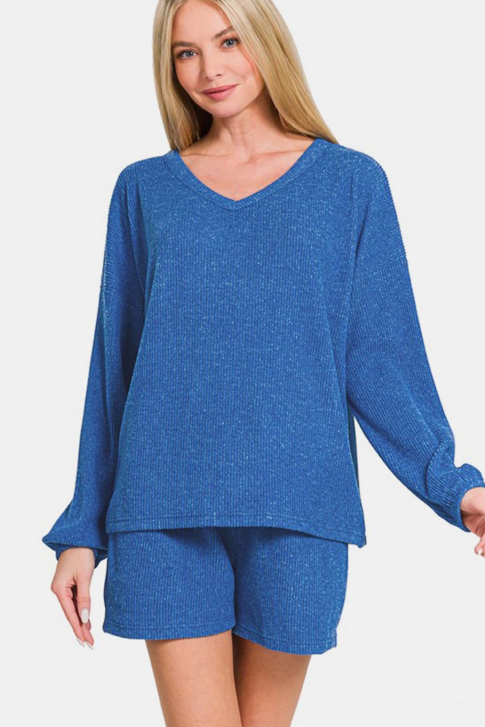 Royal blue V-neck long sleeve ribbed top and shorts set, featuring a basic style with slightly stretchy polyester-rayon-spandex blend.