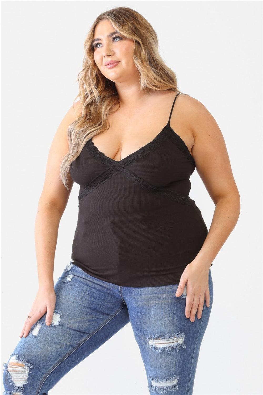 Black Plus Size Lace Detail V-Neck Cami