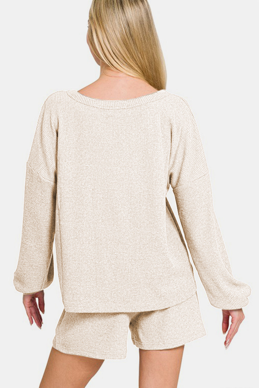 Beige V-Neck Long Sleeve Ribbed Top and Shorts Set