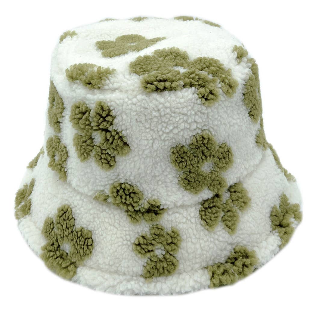 Winter flower pattern Sherpa bucket hat with green floral print, cozy flat top design, made of polyester with adjustable strings.