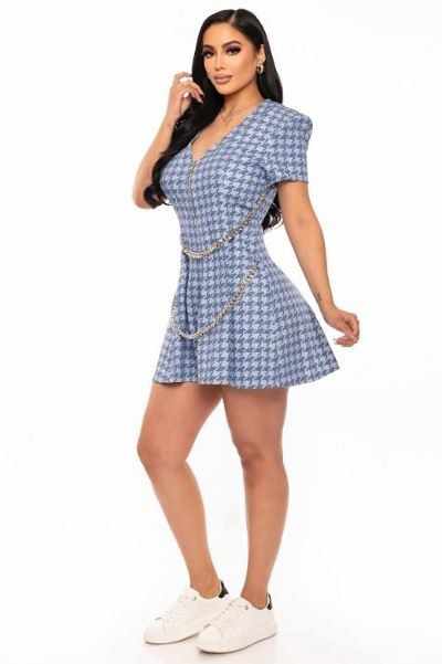 Chain-belt Mini Dress-Blue