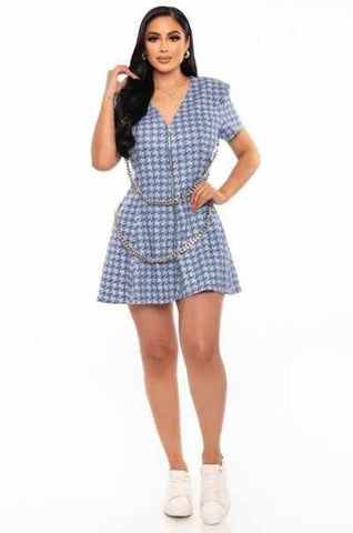 Chain-belt Mini Dress-Blue