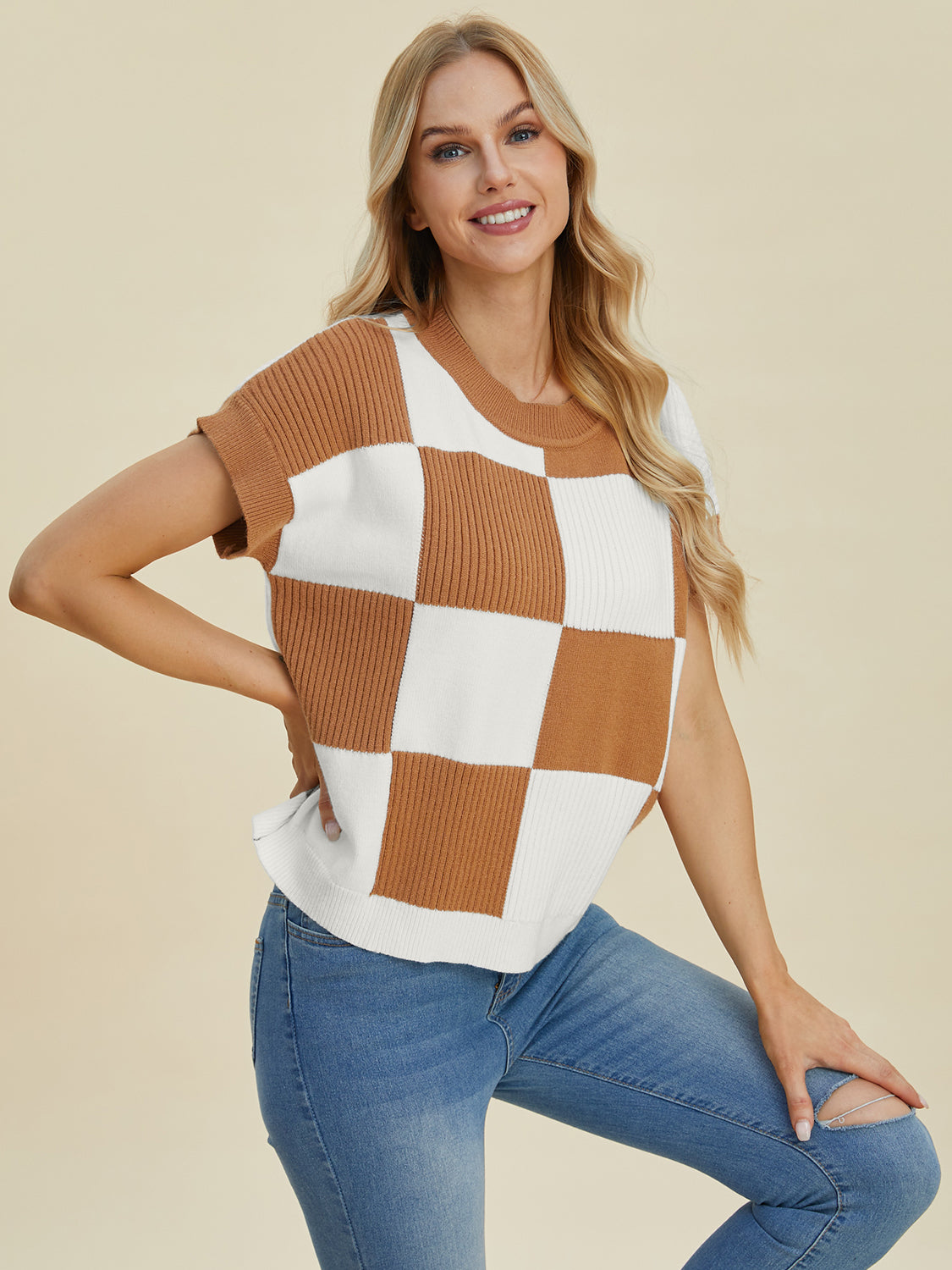 Checkered Round Neck Short Sleeve Sweater