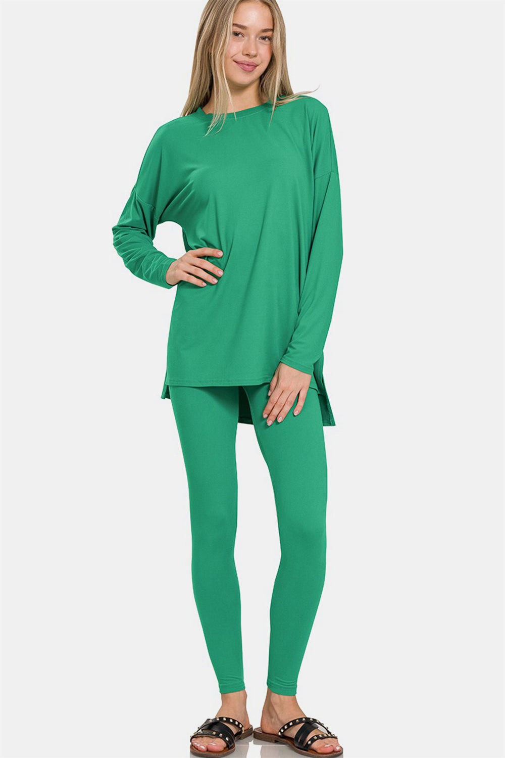 Woman modeling full-size green brushed microfiber lounge set with top and leggings.