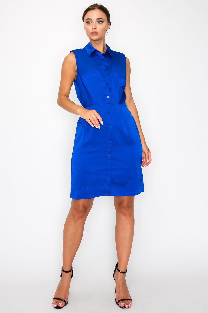 Royal blue button-down pleated shirt dress, sleeveless with collar, cinched waist, and knee-length, perfect for chic style.