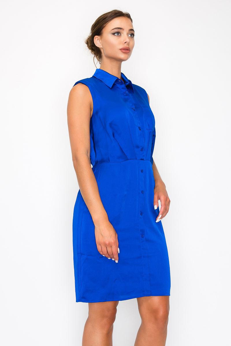 Royal blue sleeveless button-down pleated shirt dress with collar and cinched waist, knee-length, polyester fabric.