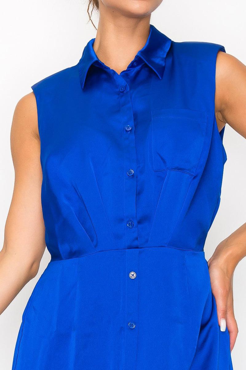 Royal blue sleeveless button-down pleated shirt dress with a collar, chest pocket, and cinched waist.