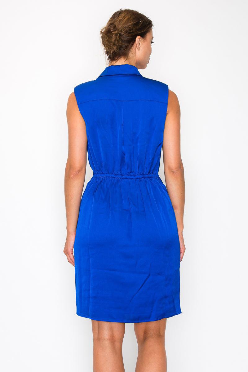 Royal blue sleeveless shirt dress with pleated detail and cinched waist, featuring a collar and knee-length design, back view.