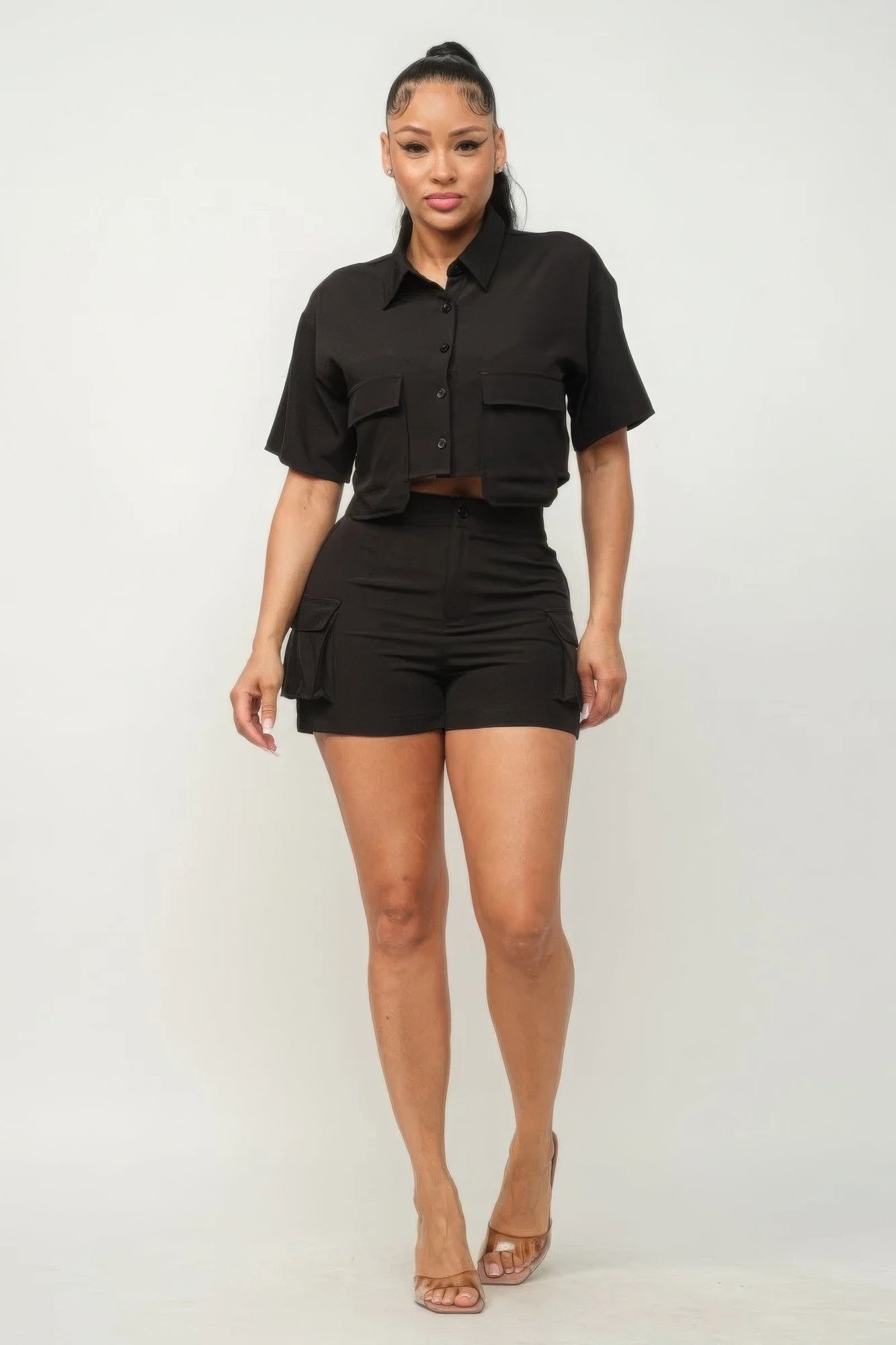 Chic Button-Down Top & Shorts Set with Pockets