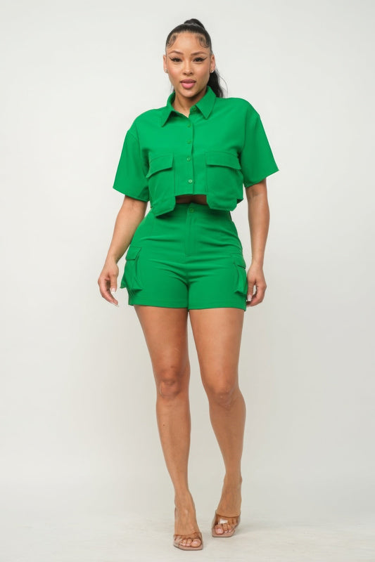 Chic Button-Down Top & Shorts Set with Pockets