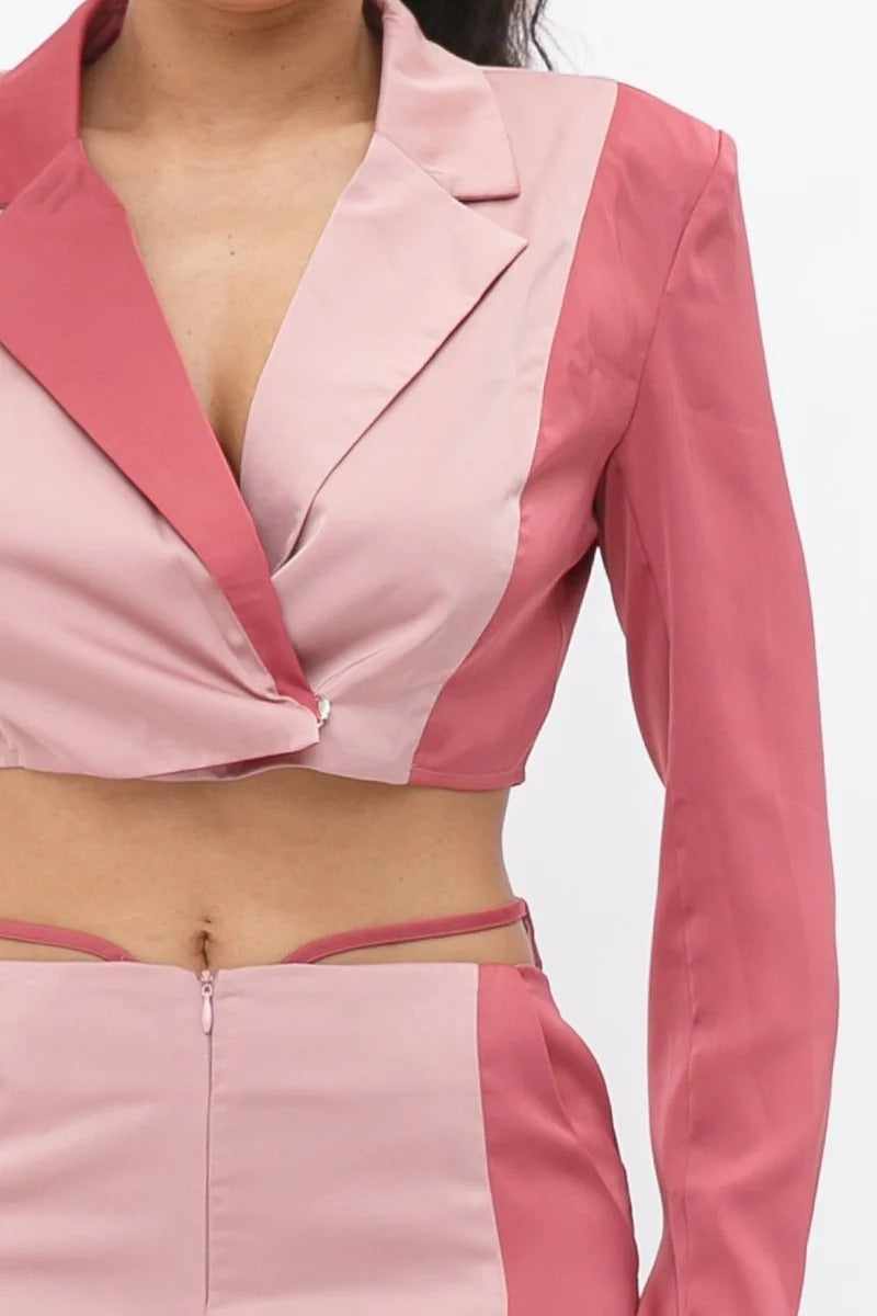 Blush colorblock crop blazer and low rise wide leg pant set with pockets, made of polyester and spandex, front view.