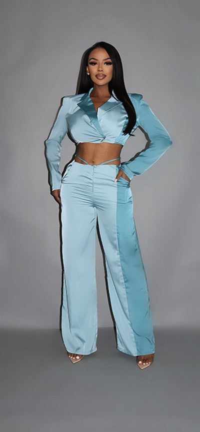 Blue colorblock crop blazer set with matching low rise wide leg pants, designed with 97% polyester for a chic and comfortable fit.