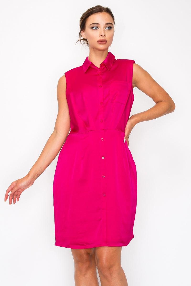 Fuchsia sleeveless button-down pleated shirt dress with cinched waist and knee-length hem, featuring a collar and chest pocket.