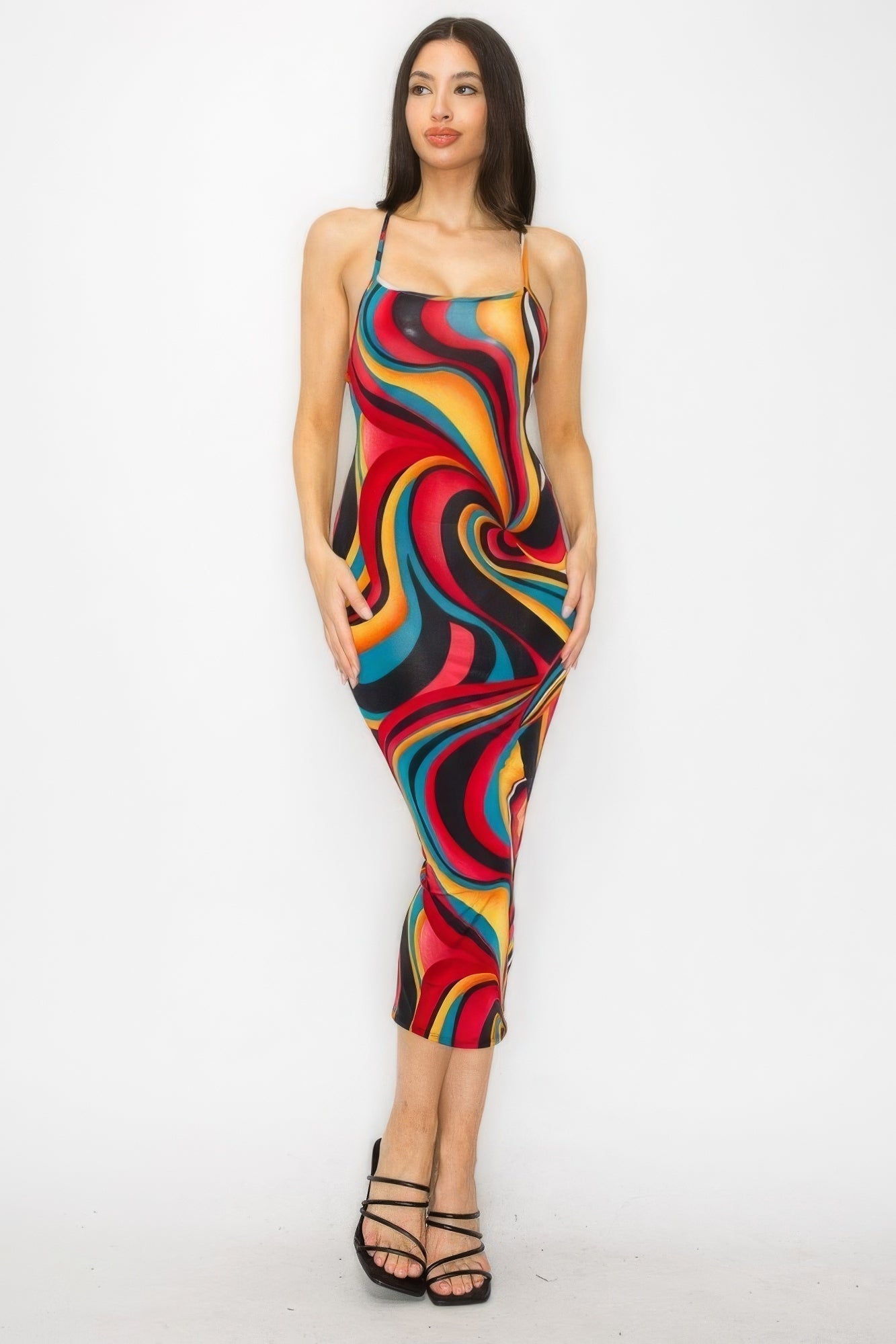 Chic Midi Dress with Crossed Back - Multicolor Marble Print