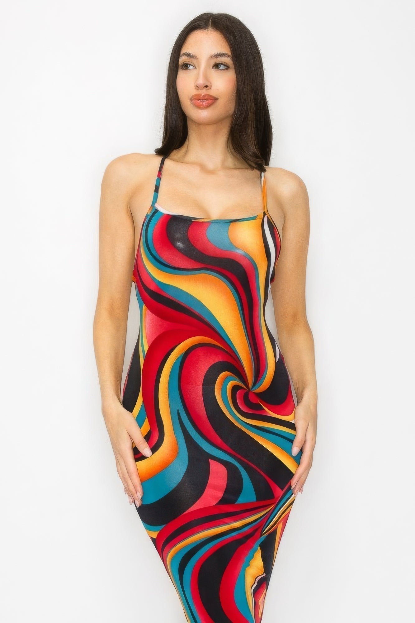 Chic Midi Dress with Crossed Back - Multicolor Marble Print