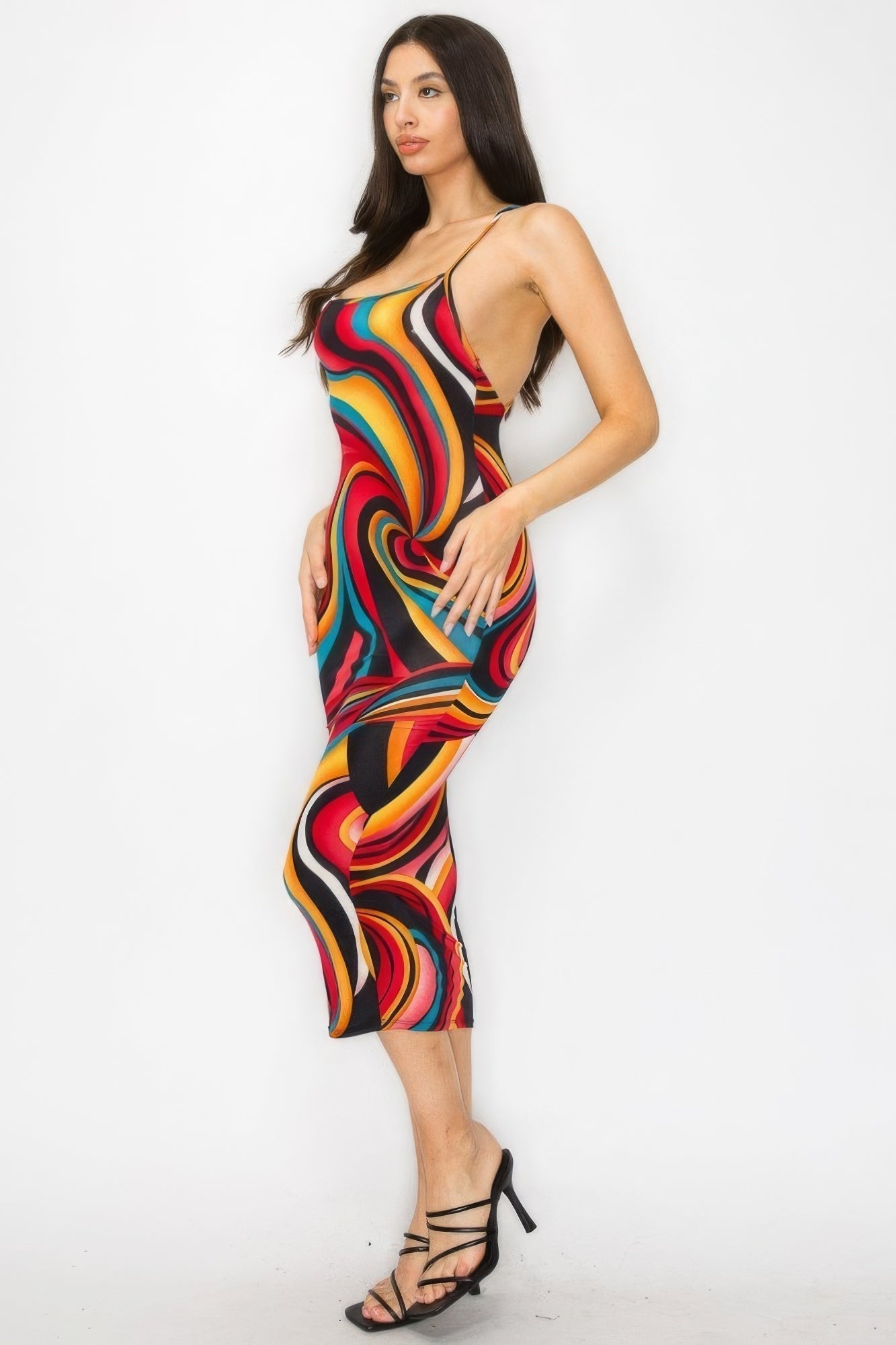 Chic Midi Dress with Crossed Back - Multicolor Marble Print