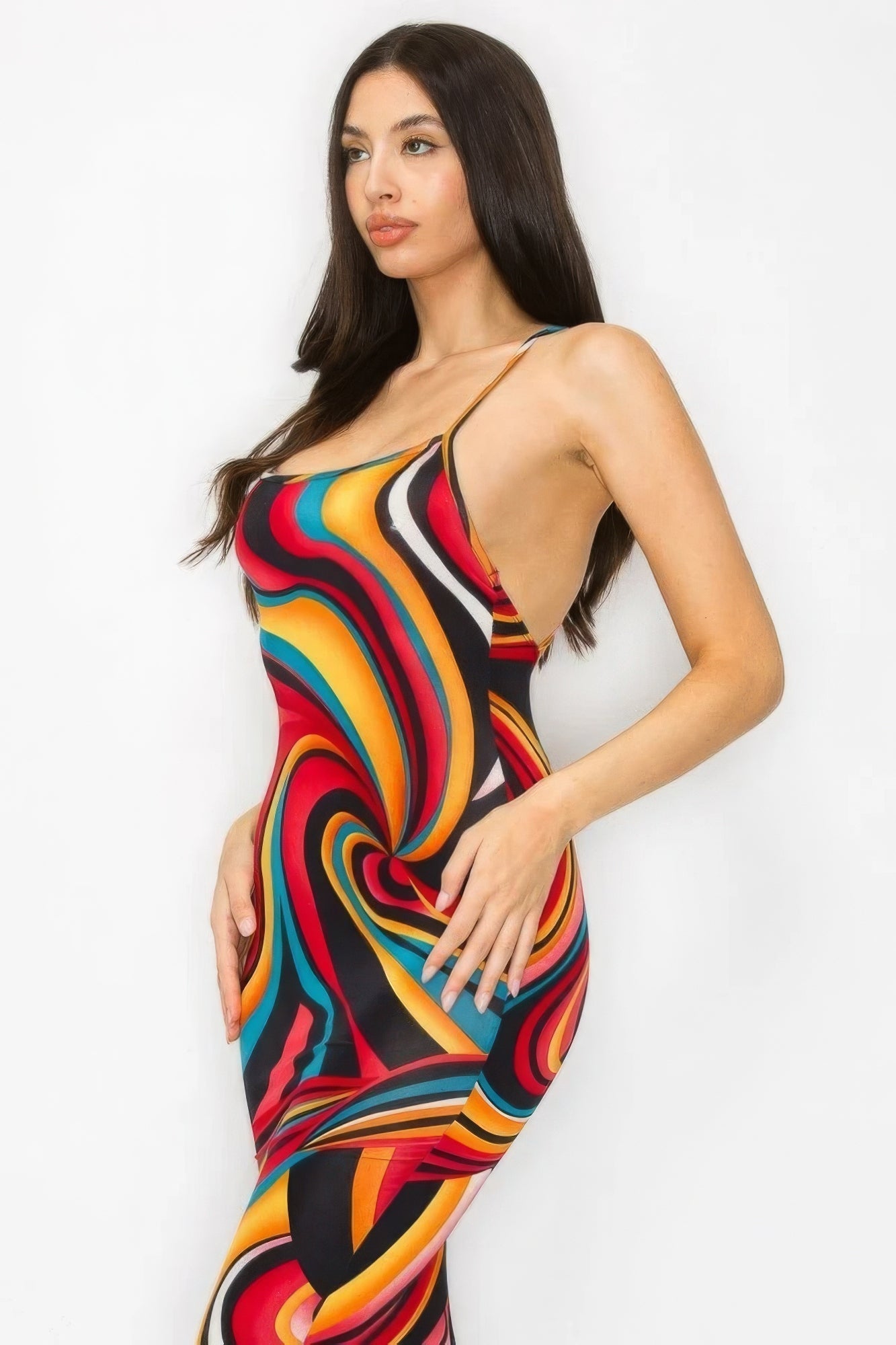 Chic Midi Dress with Crossed Back - Multicolor Marble Print