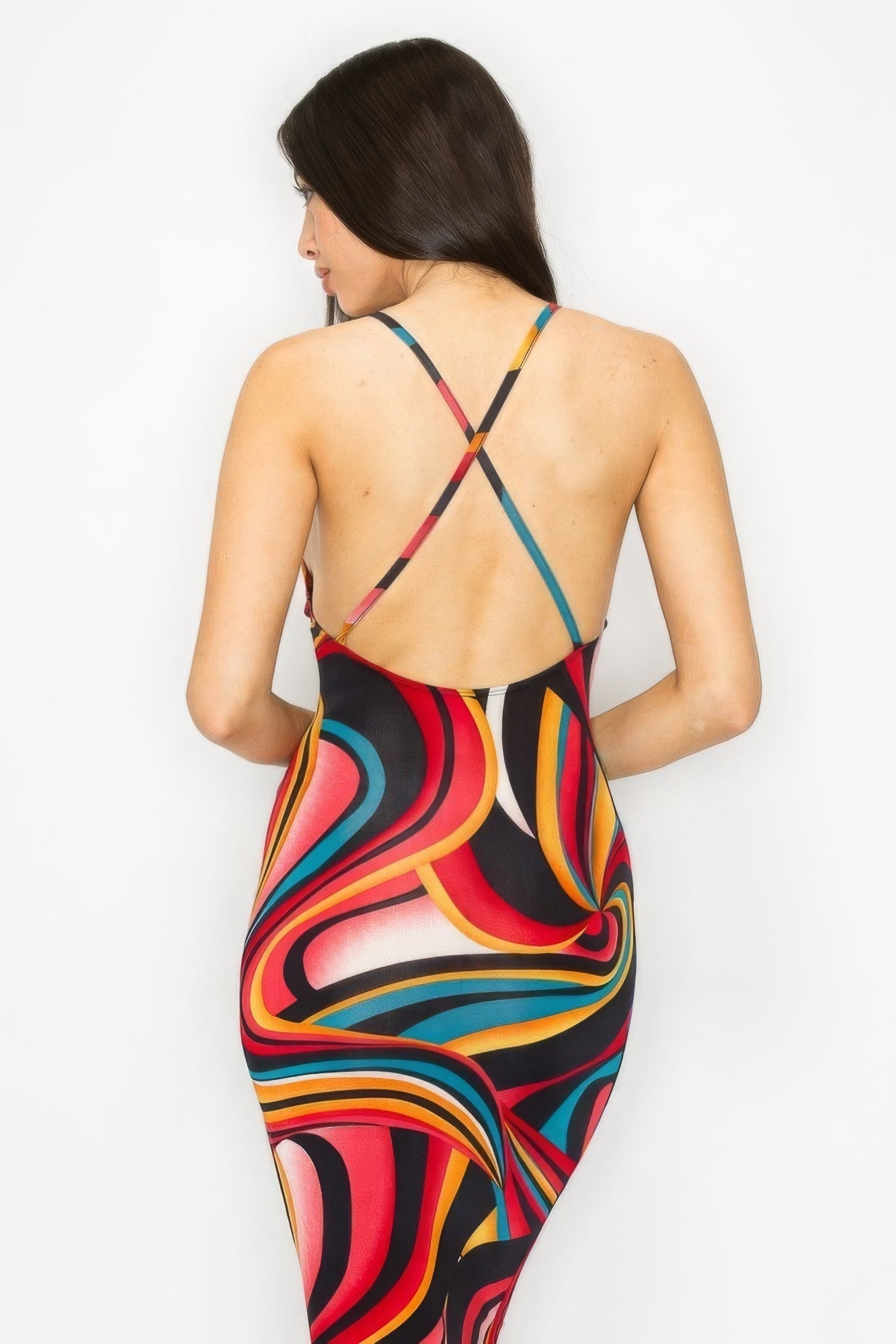 Chic Midi Dress with Crossed Back - Multicolor Marble Print